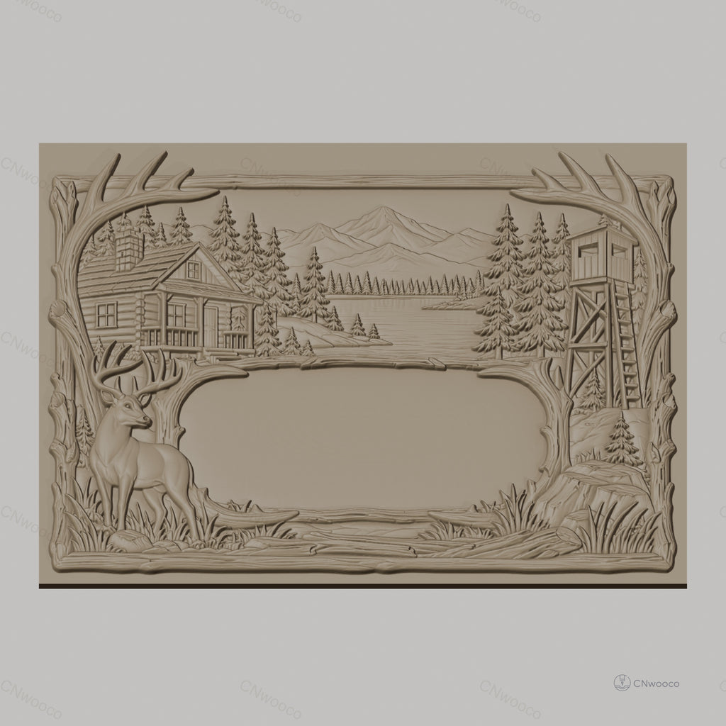 Fichier CNC & impression 3D paysage de nature avec cerf, cabine en bois et tour de guet, haute qualité relief STL