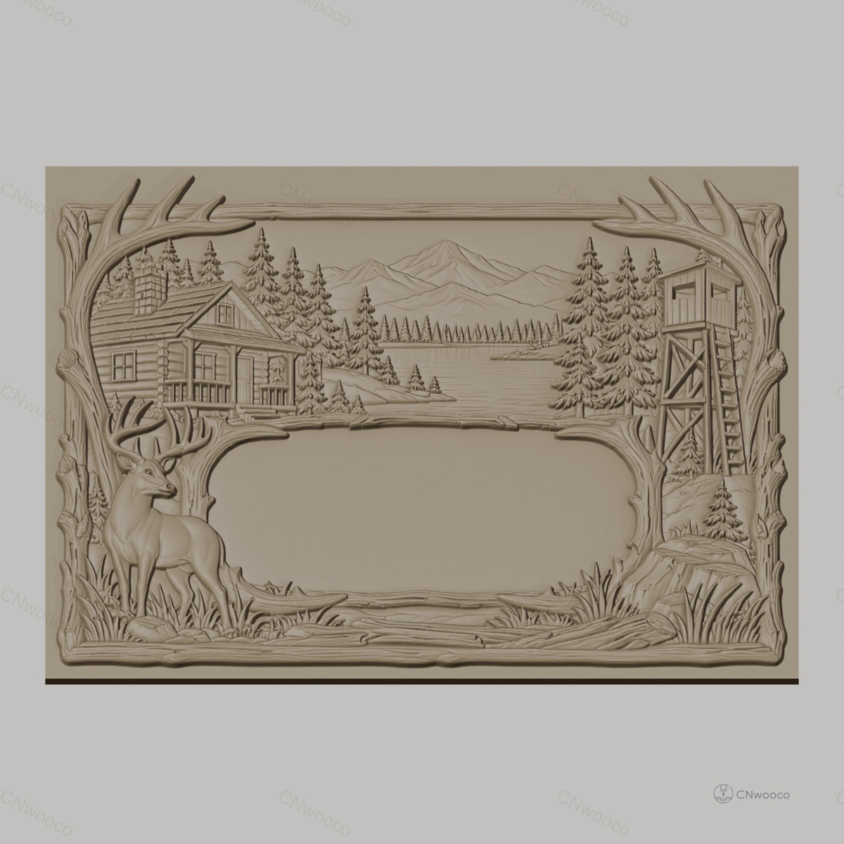 Fichier CNC & impression 3D paysage de nature avec cerf, cabine en bois et tour de guet, haute qualité relief STL