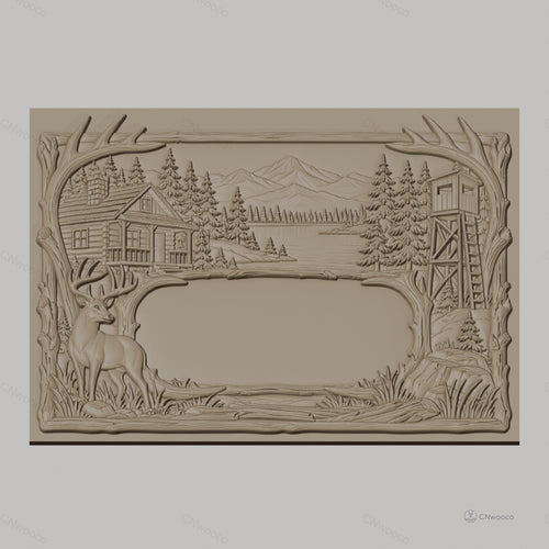 Fichier CNC & impression 3D paysage de nature avec cerf, cabine en bois et tour de guet, haute qualité relief STL