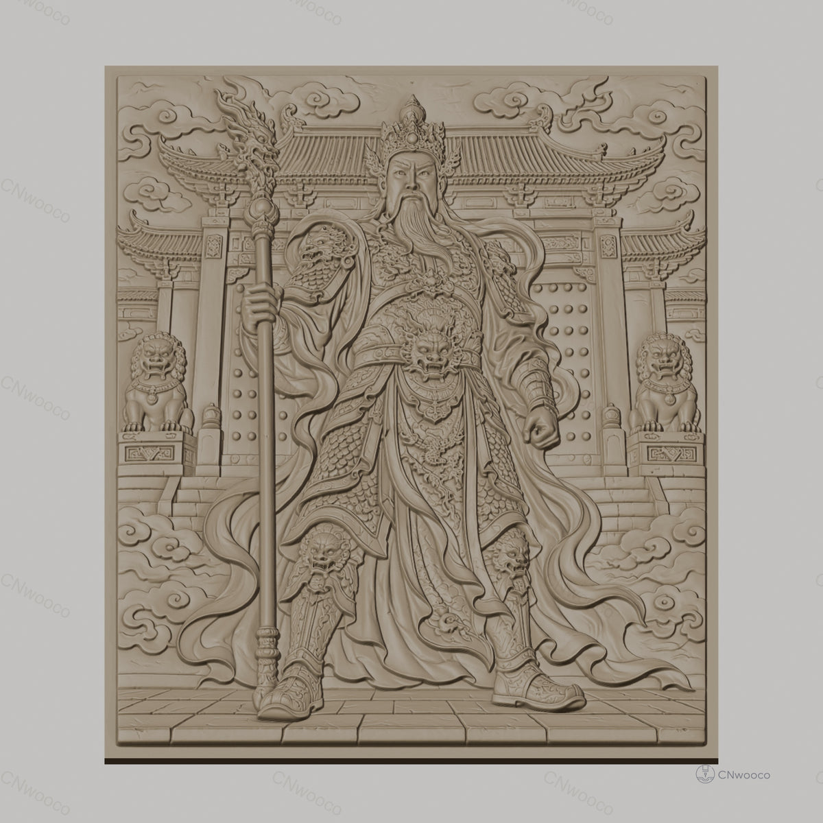 Fichier CNC & impression 3D guerrier chinois, temple, dragons, haute qualité relief STL