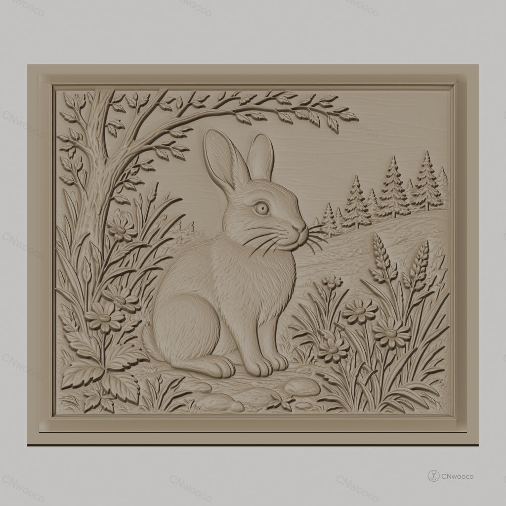 Fichier CNC & impression 3D lapin dans la nature avec fleurs et arbre, haute qualité relief STL