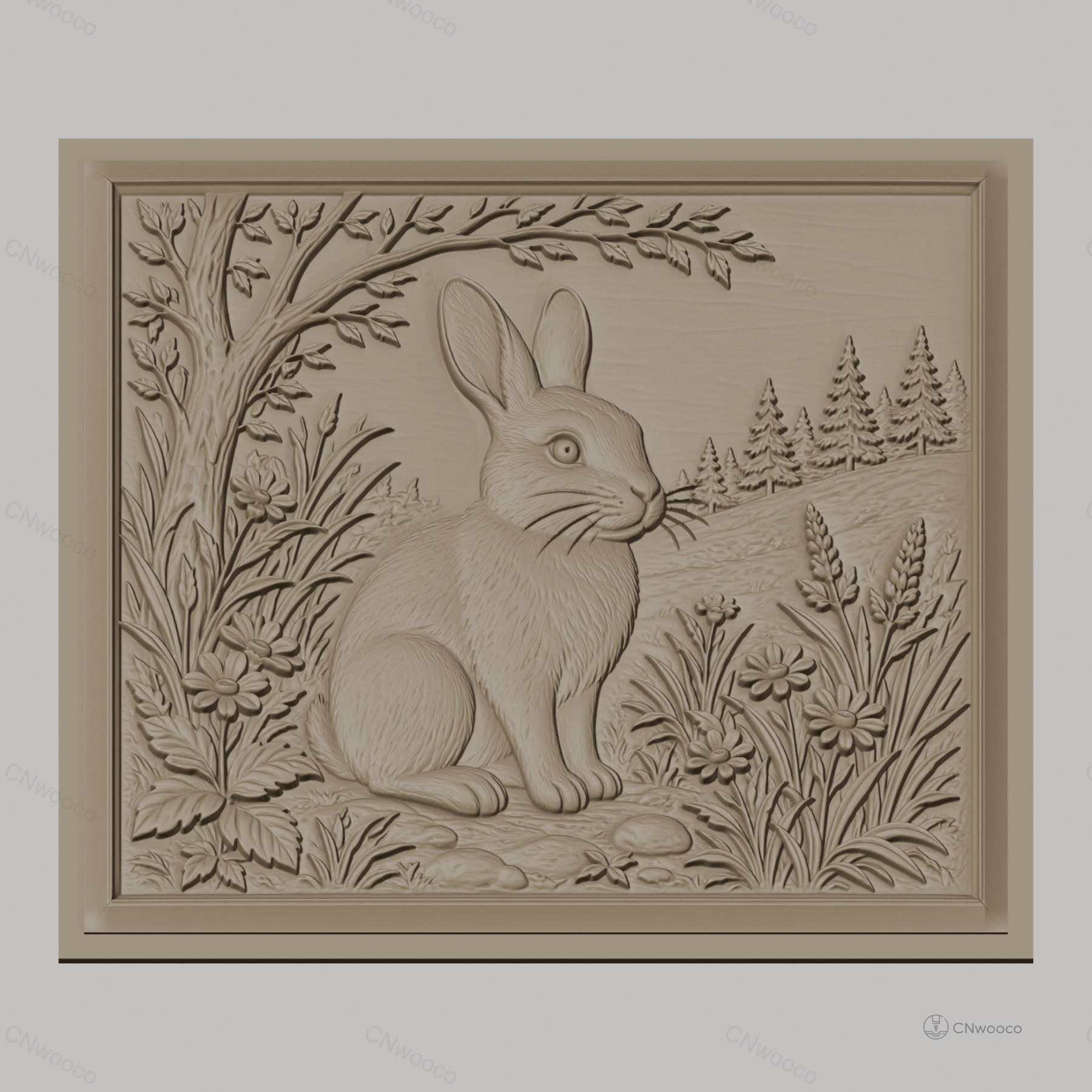 Fichier CNC & impression 3D lapin dans la nature avec fleurs et arbre, haute qualité relief STL