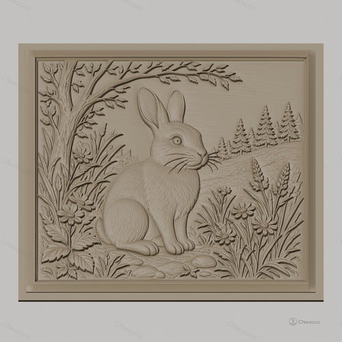 Fichier CNC & impression 3D lapin dans la nature avec fleurs et arbre, haute qualité relief STL