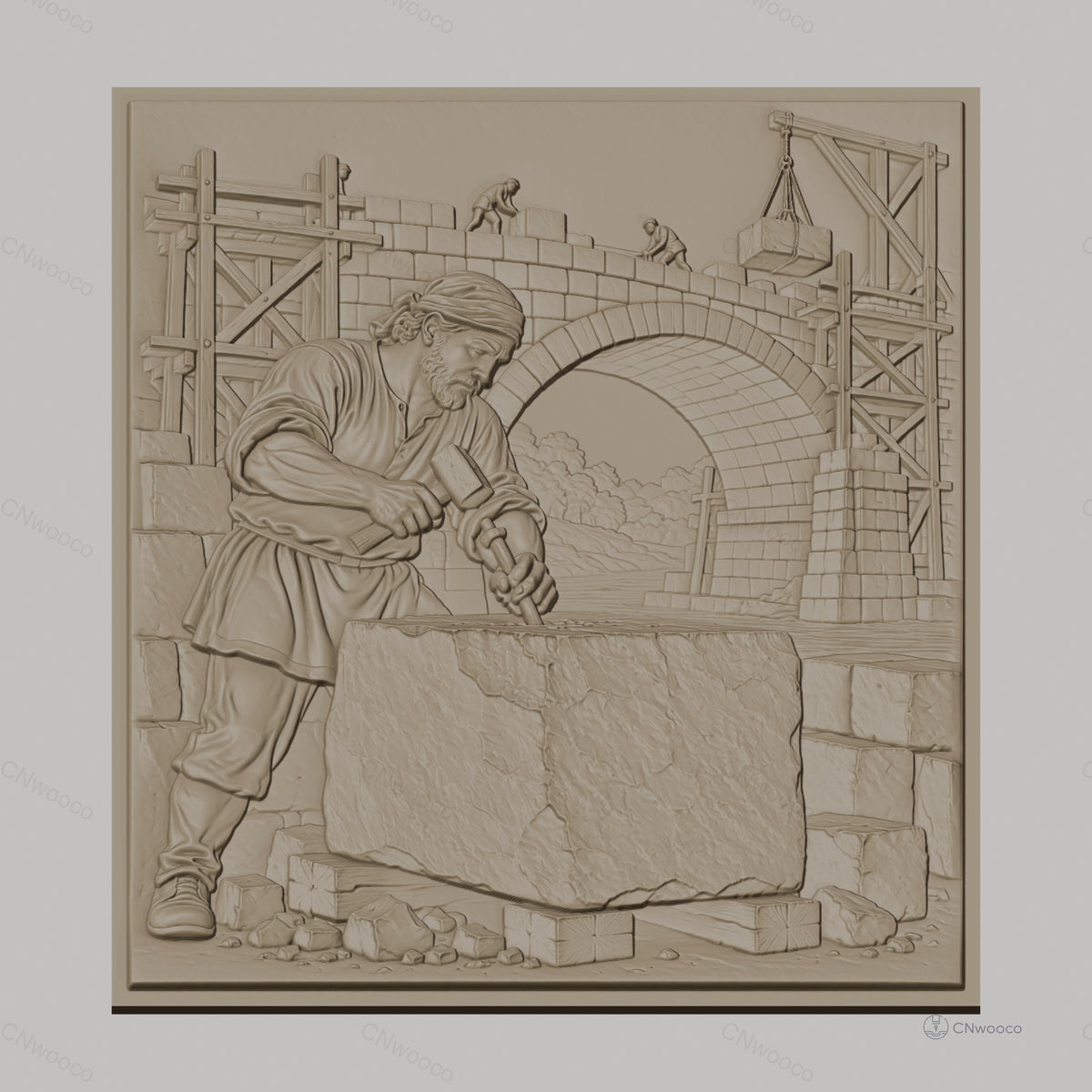 Fichier CNC & impression 3D construction pont, ouvrier tailleur de pierre, haute qualité relief STL