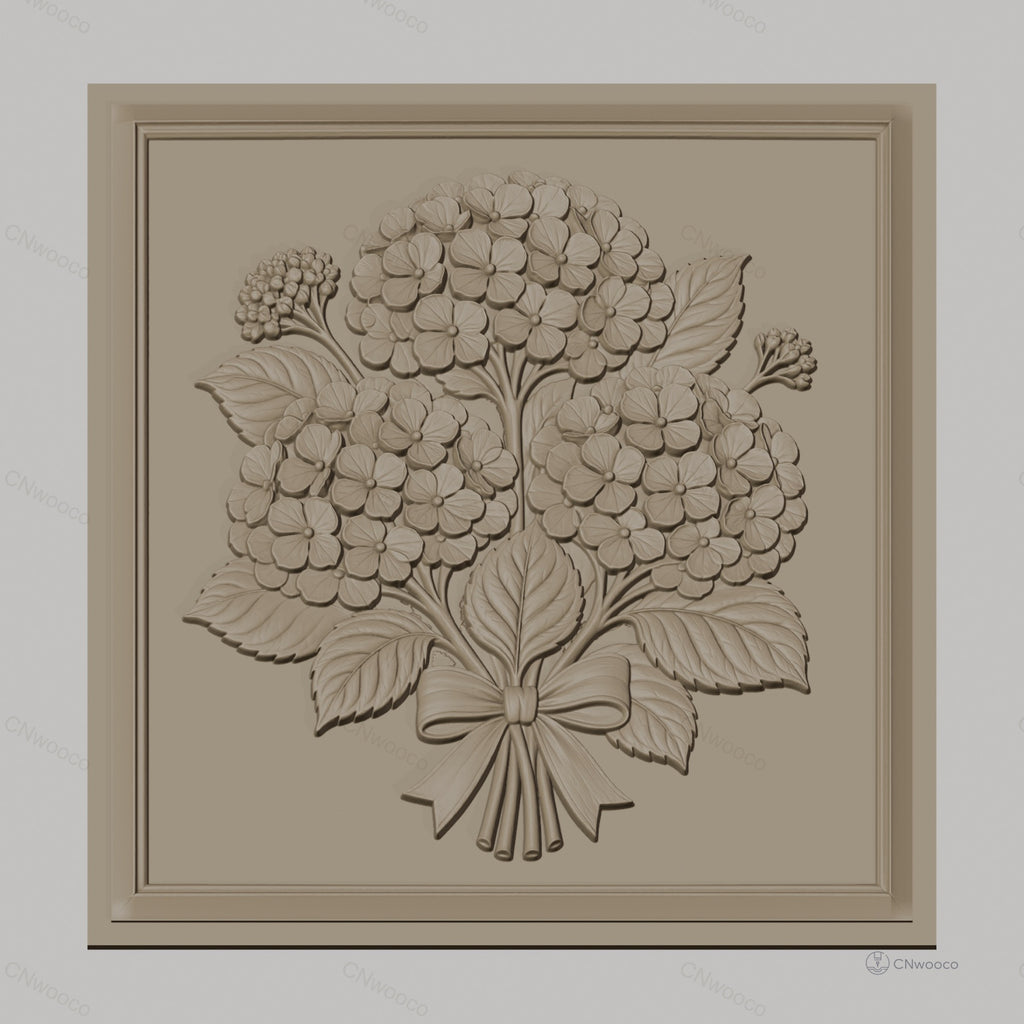 Fichier CNC & impression 3D bouquet d'hortensias, fleurs et feuilles en relief, haute qualité relief STL