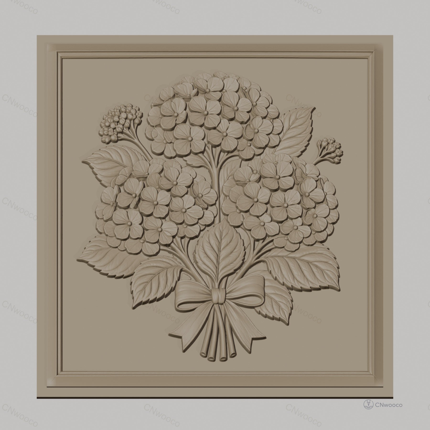 Fichier CNC & impression 3D bouquet d'hortensias, fleurs et feuilles en relief, haute qualité relief STL