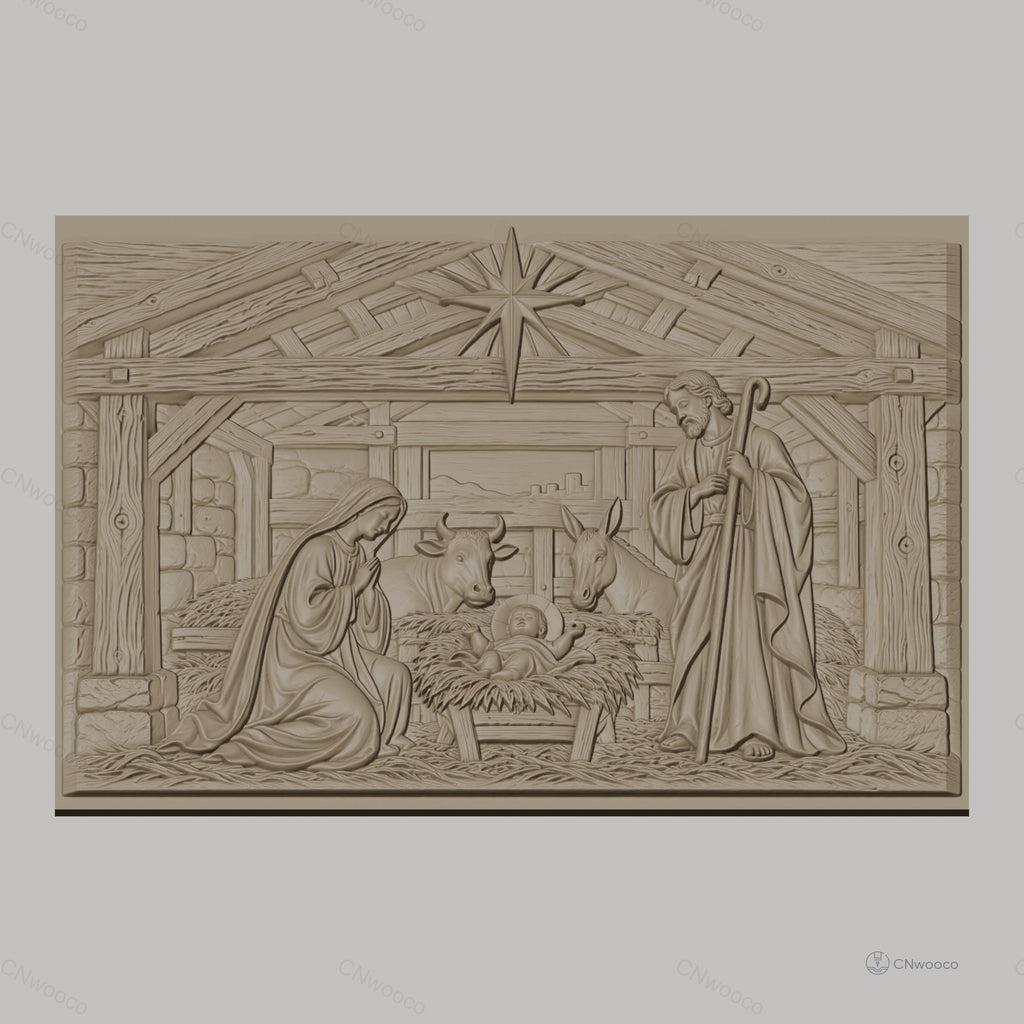 Fichier CNC & impression 3D Nativité, crèche avec Marie Joseph enfant animaux, haute qualité relief STL