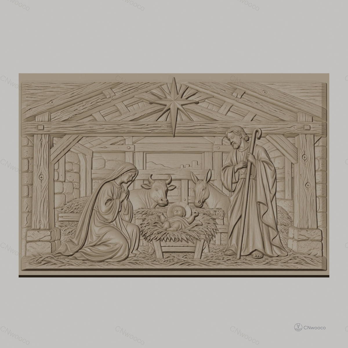Fichier CNC & impression 3D Nativité, crèche avec Marie Joseph enfant animaux, haute qualité relief STL