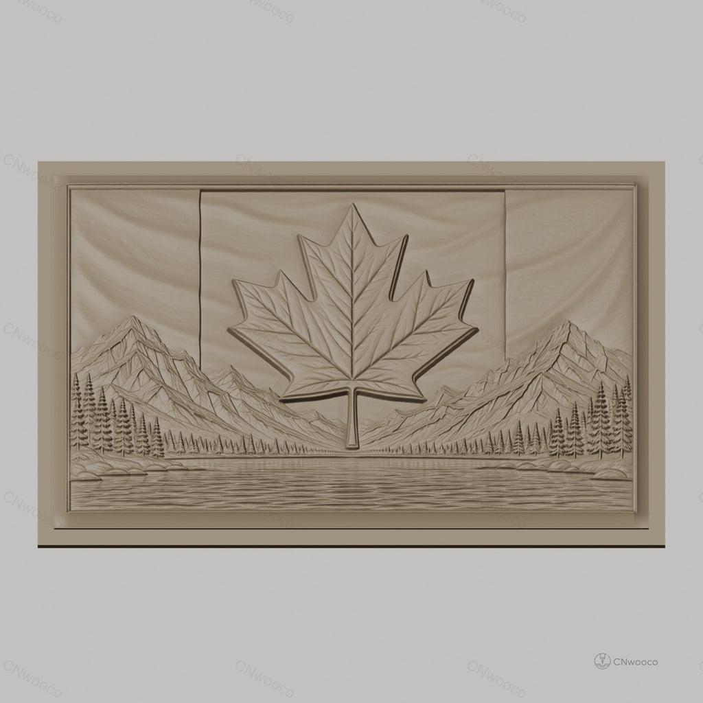 Fichier CNC & impression 3D drapeau canadien, feuille d'érable, montagnes, rivière, pins boisée, haute qualité relief STL