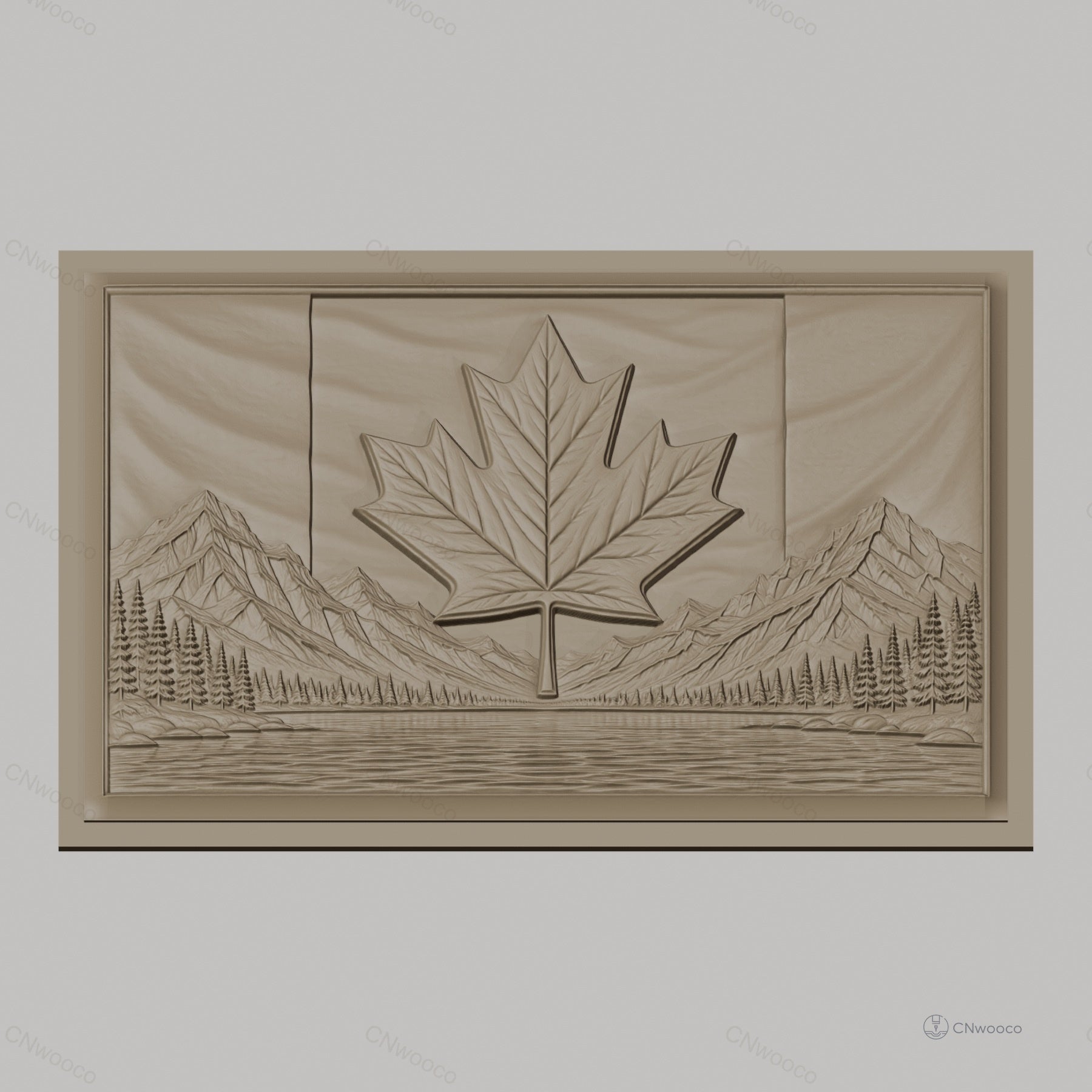 Fichier CNC & impression 3D drapeau canadien, feuille d'érable, montagnes, rivière, pins boisée, haute qualité relief STL