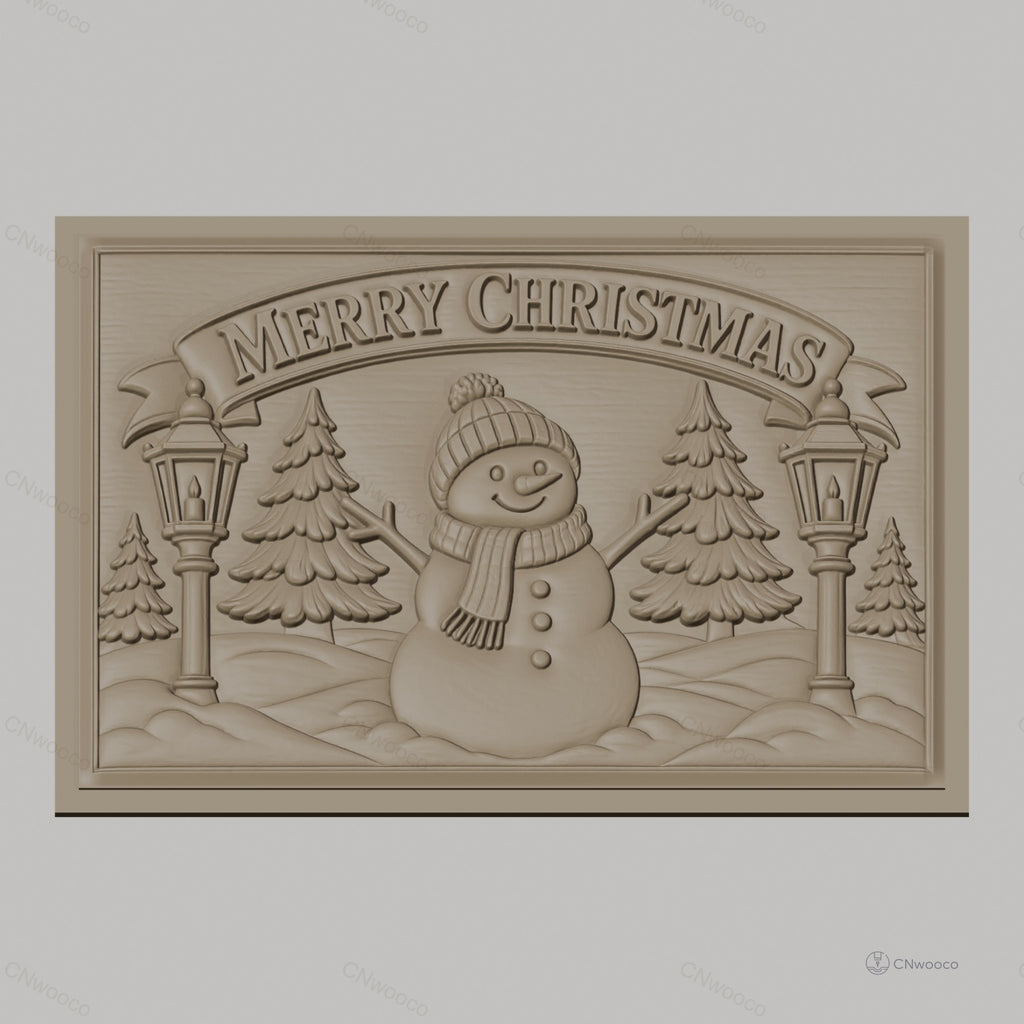 Fichier CNC & impression 3D Noël, bonhomme de neige, sapins et lampadaires, haute qualité relief STL