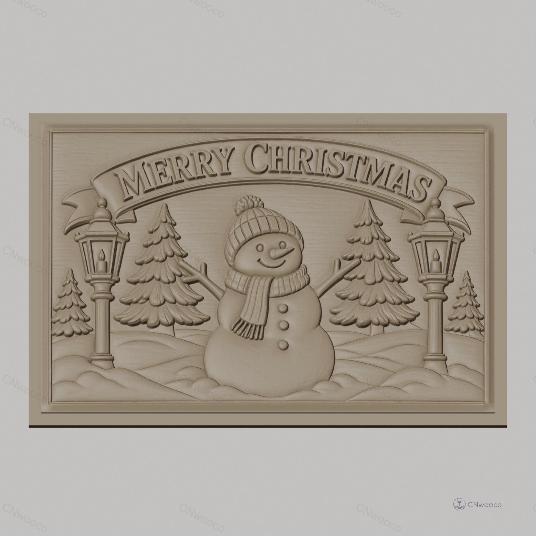 Fichier CNC & impression 3D Noël, bonhomme de neige, sapins et lampadaires, haute qualité relief STL