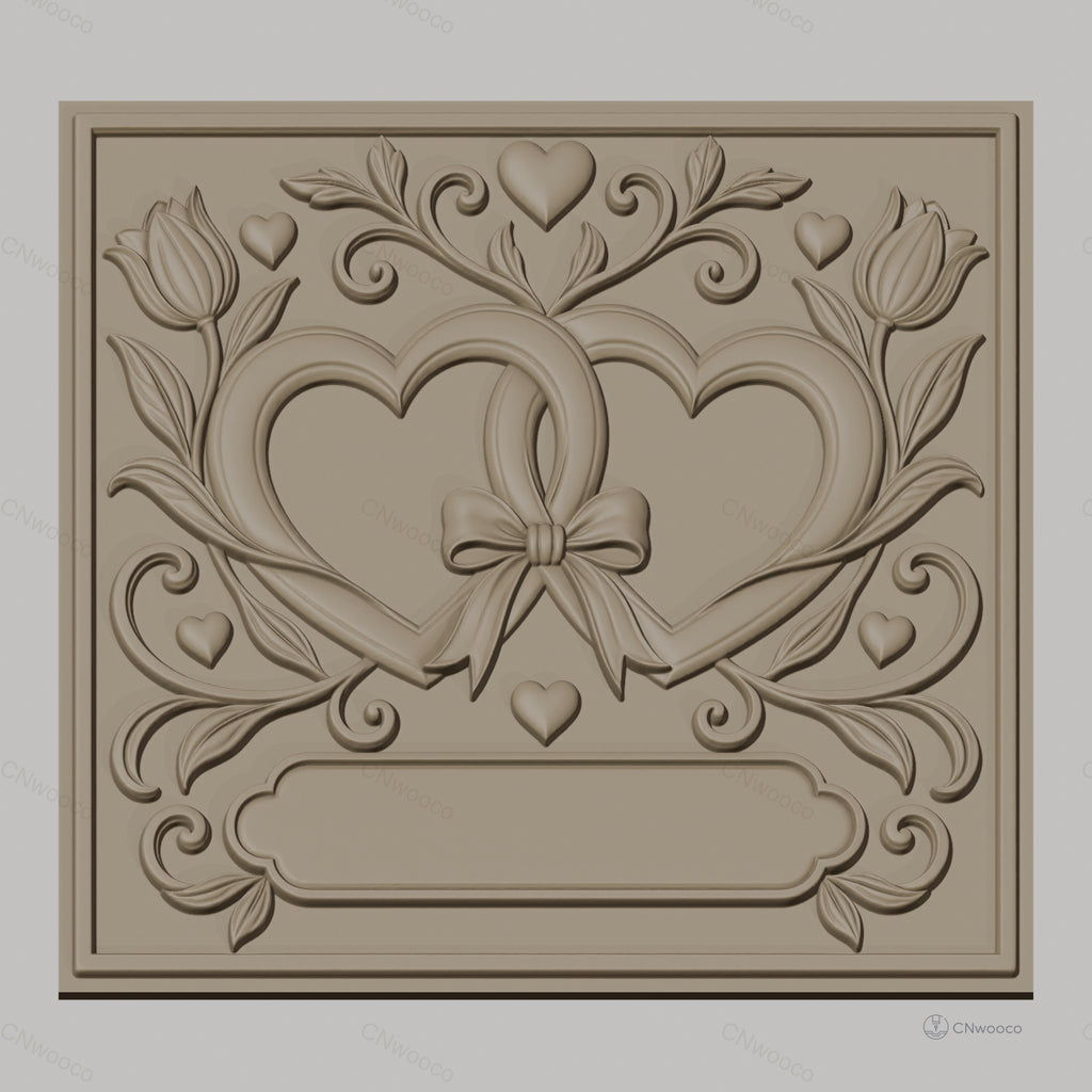 Fichier CNC & impression 3D mariage, cœurs entrelacés avec fleurs et nœud, haute qualité relief STL