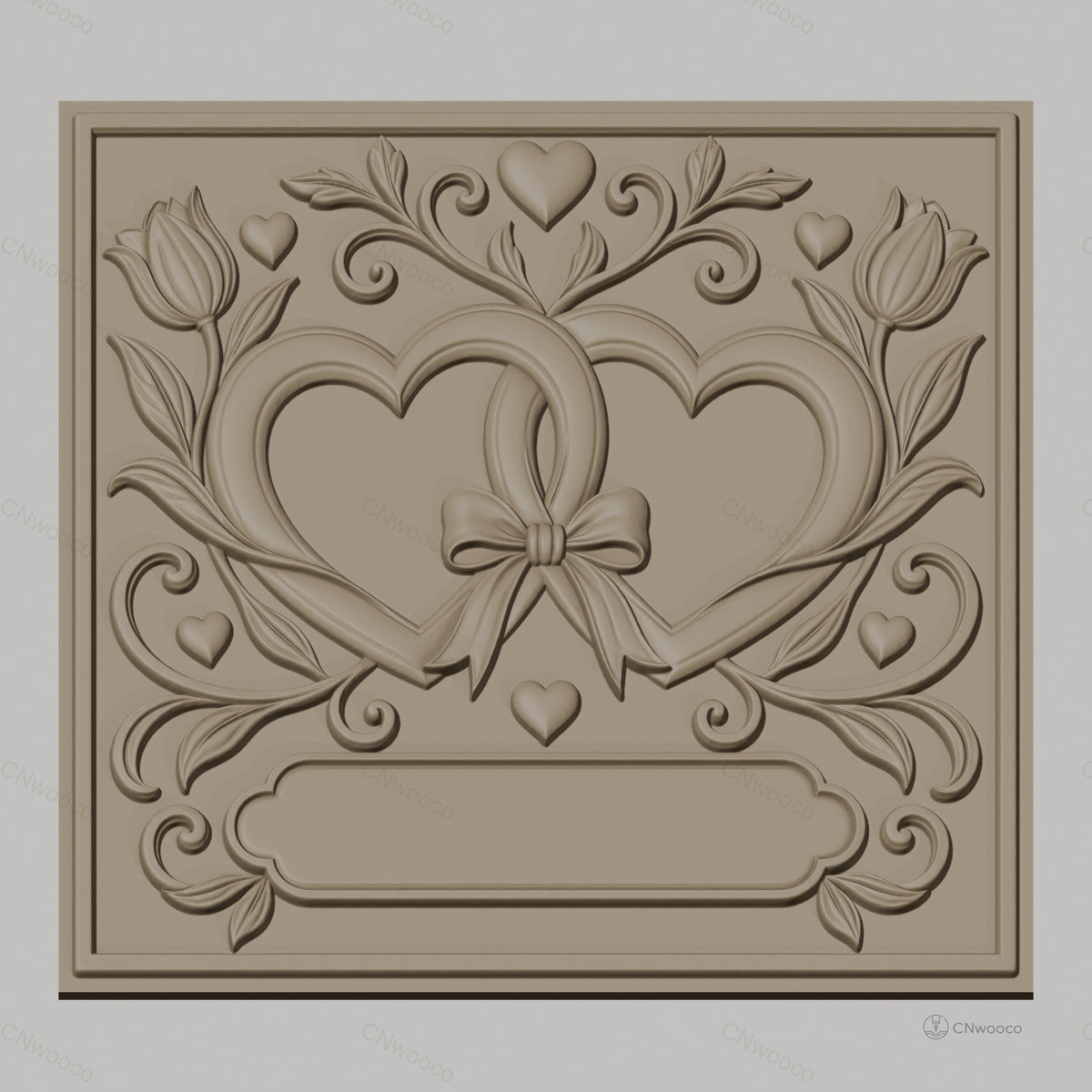 Fichier CNC & impression 3D mariage, cœurs entrelacés avec fleurs et nœud, haute qualité relief STL