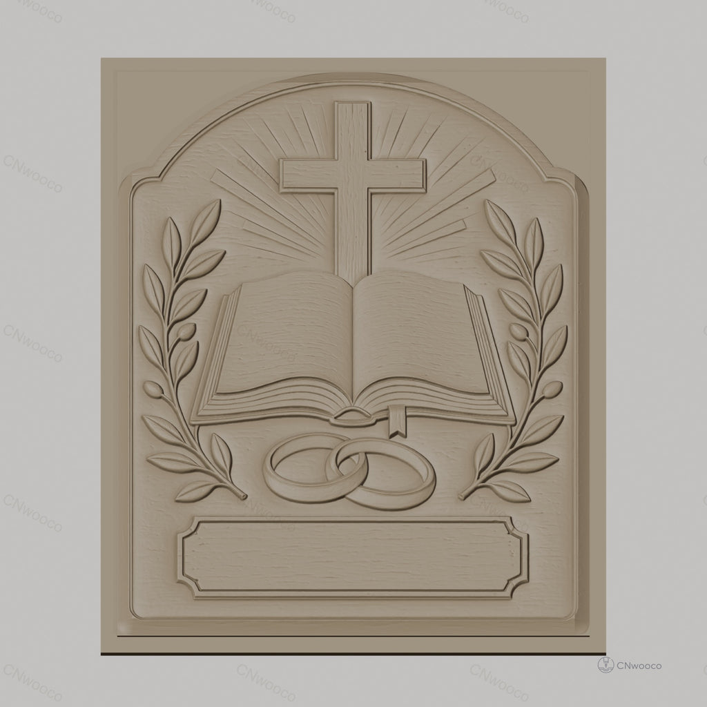 Fichier CNC & impression 3D thème mariage religieux, croix, livre ouvert, alliances, feuilles, haute qualité relief STL