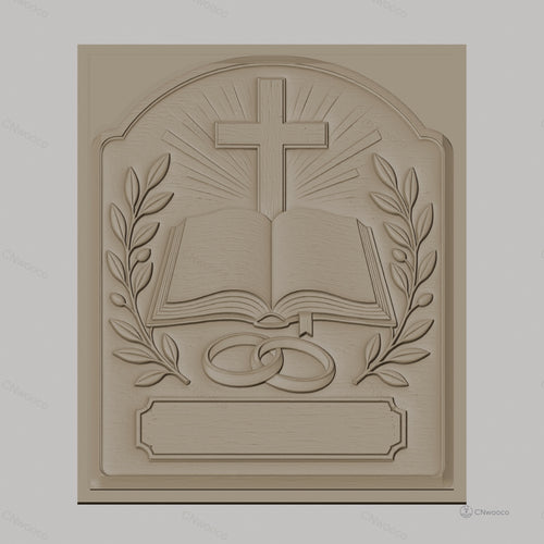 Fichier CNC & impression 3D thème mariage religieux, croix, livre ouvert, alliances, feuilles, haute qualité relief STL