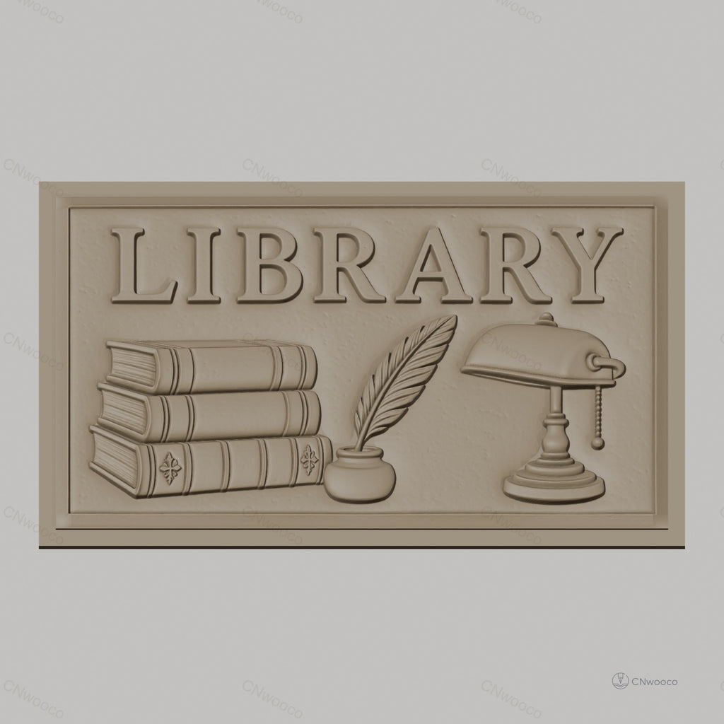 Fichier CNC & impression 3D bibliothèque, livres empilés, plume en encrier, lampe vintage, haute qualité relief STL