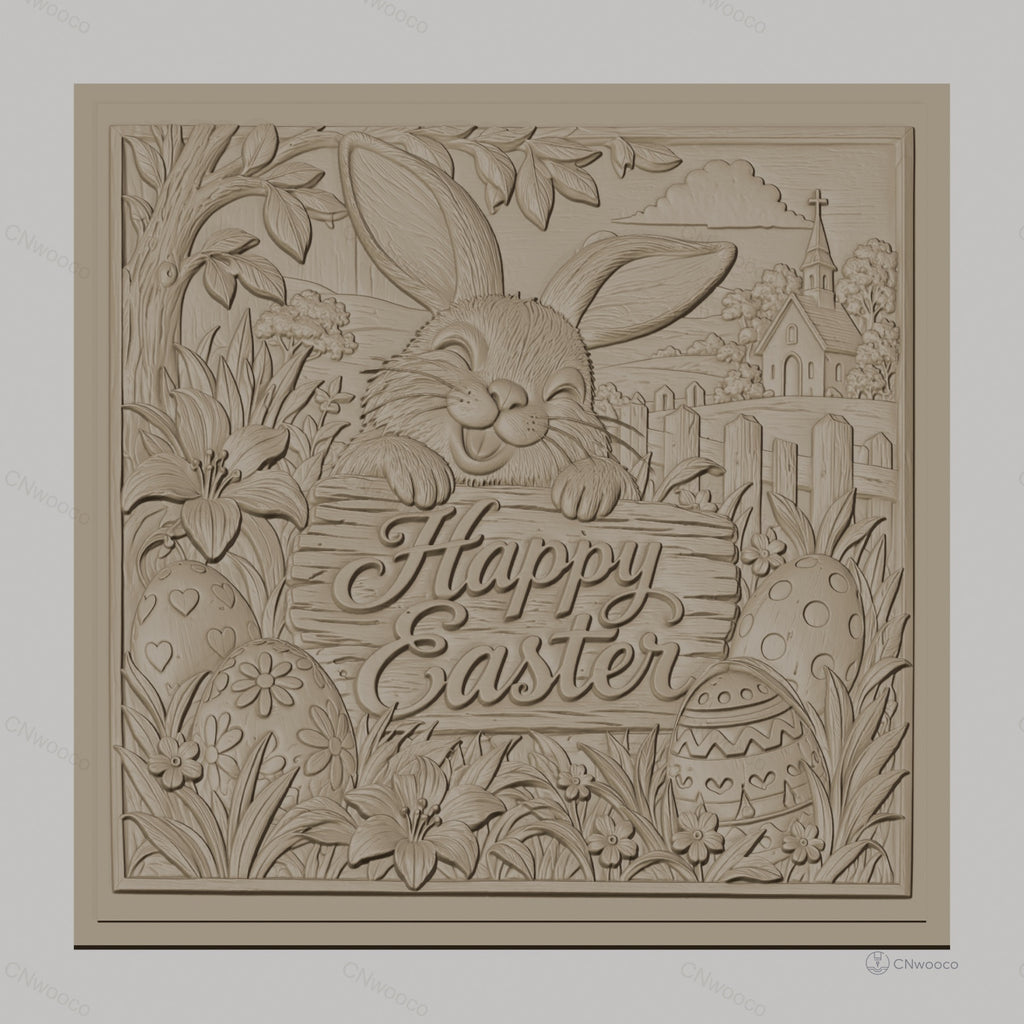 Fichier CNC & impression 3D lapin de Pâques, œufs décorés, fleurs et église en arrière-plan, haute qualité relief STL