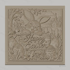 Fichier CNC & impression 3D lapin de Pâques, œufs décorés, fleurs et église en arrière-plan, haute qualité relief STL