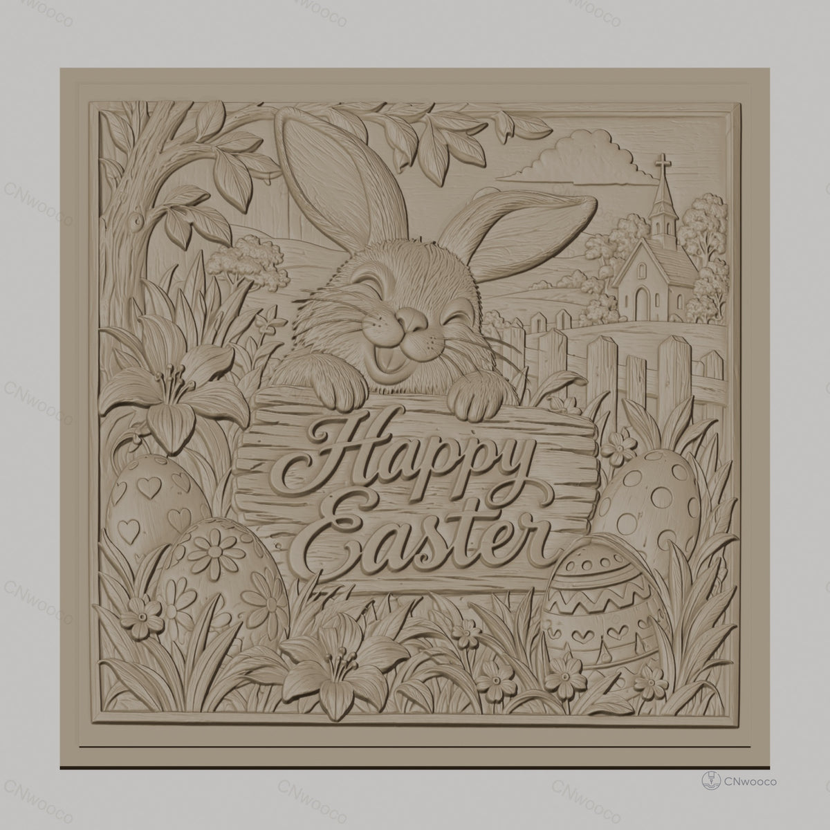 Fichier CNC & impression 3D lapin de Pâques, œufs décorés, fleurs et église en arrière-plan, haute qualité relief STL
