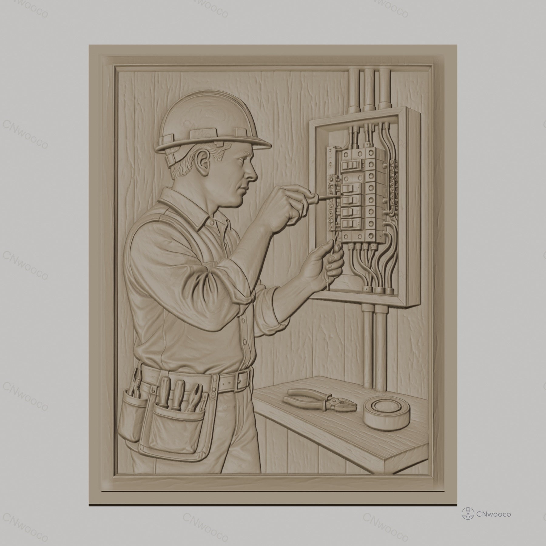 Fichier CNC & impression 3D électricien travaillant sur panneau électrique, outils de travail, haute qualité relief STL