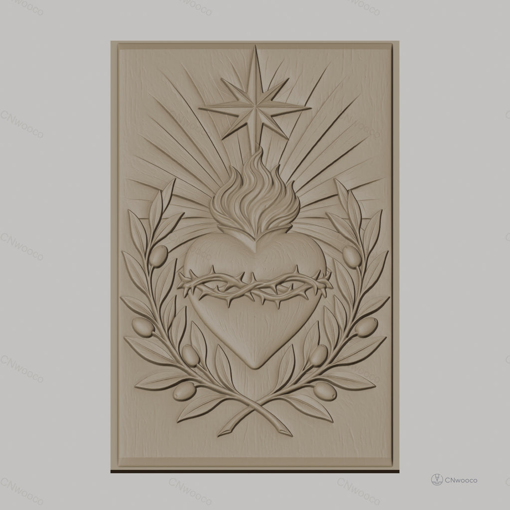 Fichier CNC & impression 3D Sacré-Cœur, cœur enflammé avec couronne d'épines et olive, haute qualité relief STL