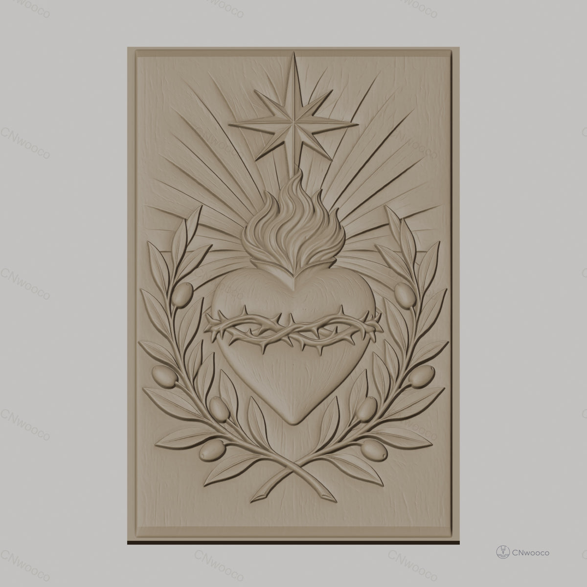 Fichier CNC & impression 3D Sacré-Cœur, cœur enflammé avec couronne d'épines et olive, haute qualité relief STL