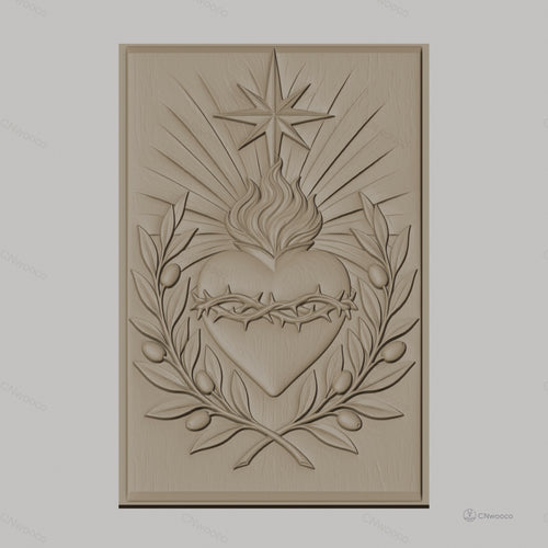 Fichier CNC & impression 3D Sacré-Cœur, cœur enflammé avec couronne d'épines et olive, haute qualité relief STL