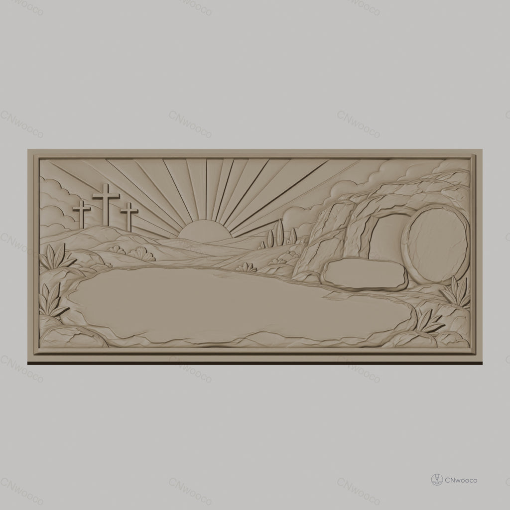 Fichier CNC & impression 3D scène de résurrection, tombeau vide, trois croix et lever de soleil, haute qualité relief STL