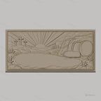 Fichier CNC & impression 3D scène de résurrection, tombeau vide, trois croix et lever de soleil, haute qualité relief STL