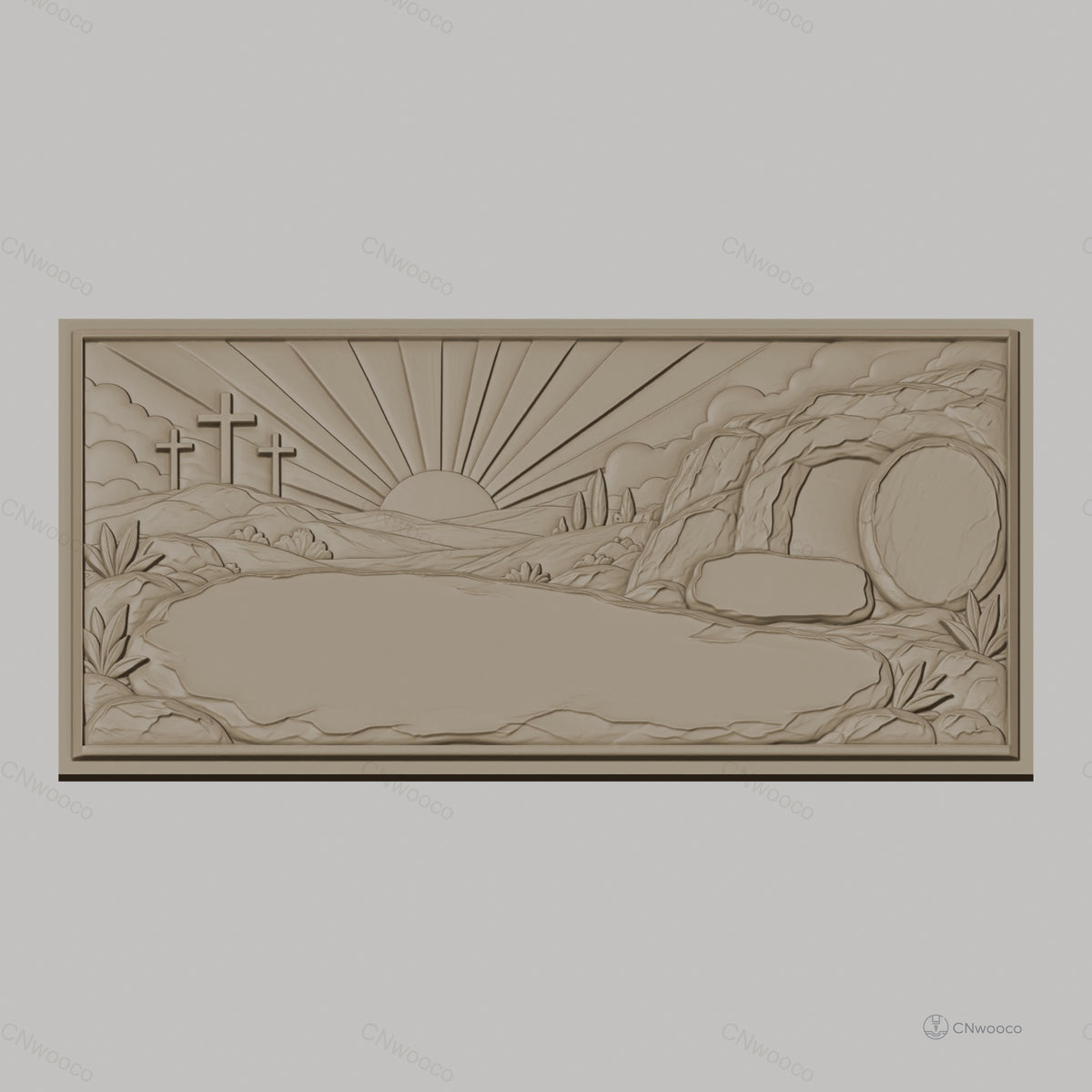 Fichier CNC & impression 3D scène de résurrection, tombeau vide, trois croix et lever de soleil, haute qualité relief STL
