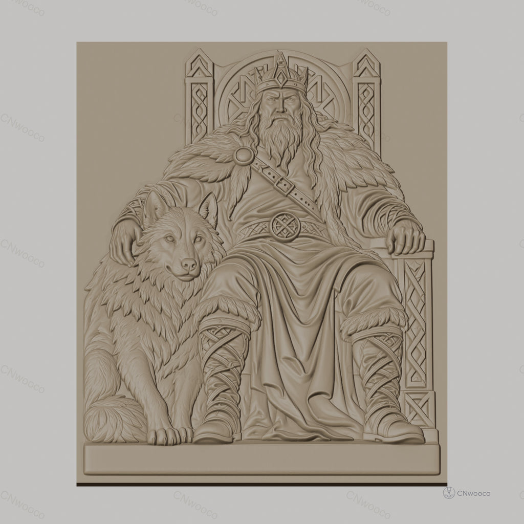 Fichier CNC & impression 3D roi viking sur trône avec loup, haute qualité relief STL