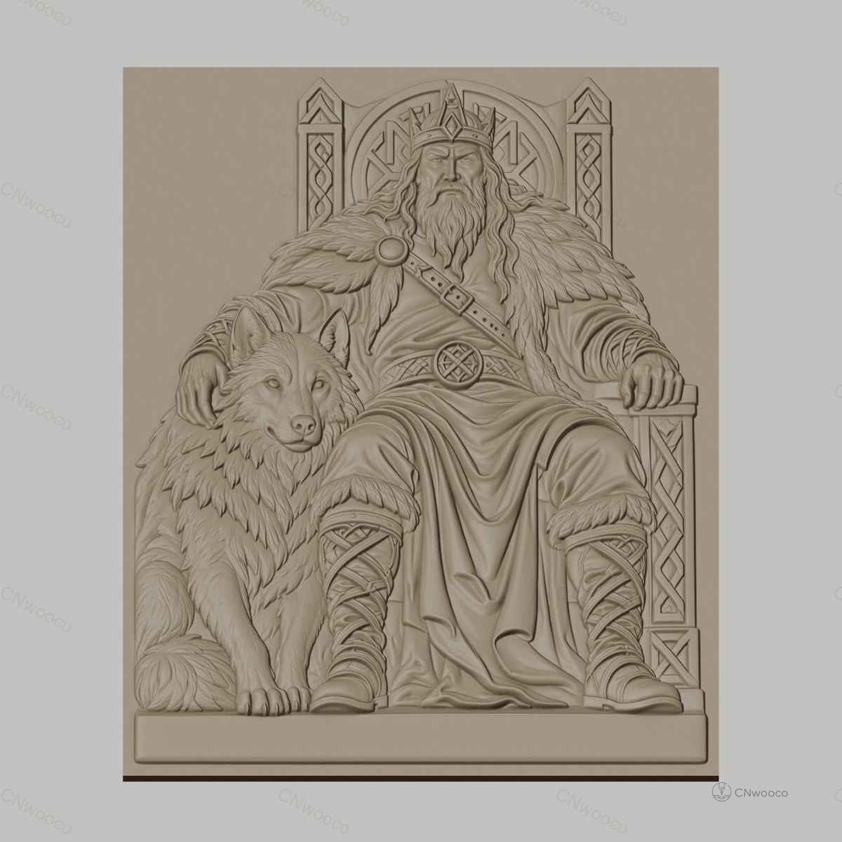 Fichier CNC & impression 3D roi viking sur trône avec loup, haute qualité relief STL