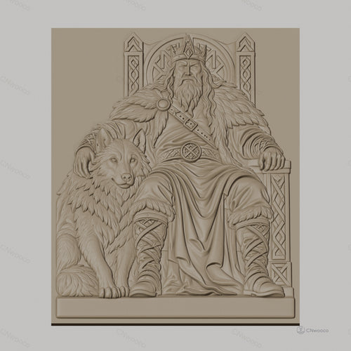 Fichier CNC & impression 3D roi viking sur trône avec loup, haute qualité relief STL