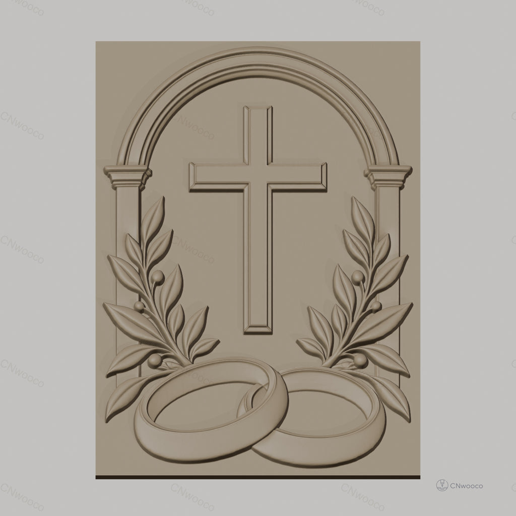 Fichier CNC & impression 3D mariage religieux, croix, alliances et feuilles, haute qualité relief STL