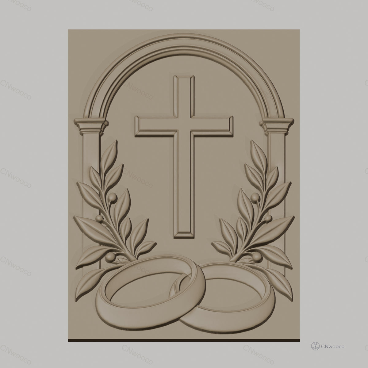 Fichier CNC & impression 3D mariage religieux, croix, alliances et feuilles, haute qualité relief STL