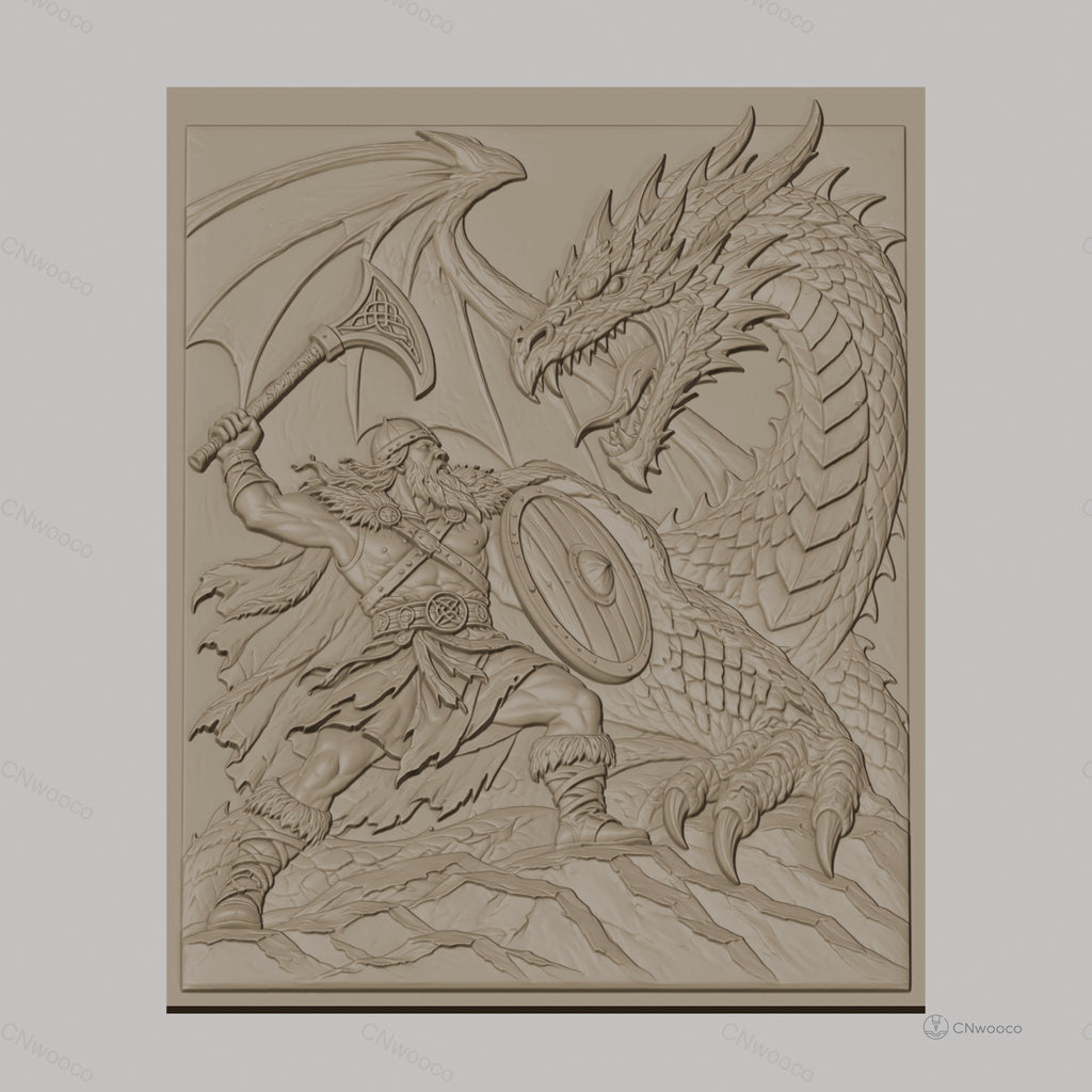 Fichier CNC & impression 3D guerrier viking combattant dragon, hache bouclier combat fantastique, haute qualité relief STL