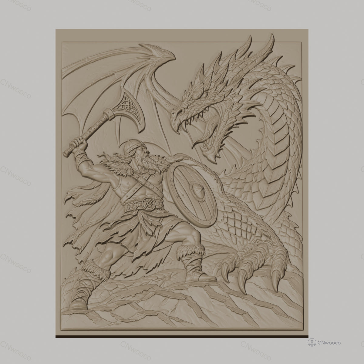 Fichier CNC & impression 3D guerrier viking combattant dragon, hache bouclier combat fantastique, haute qualité relief STL