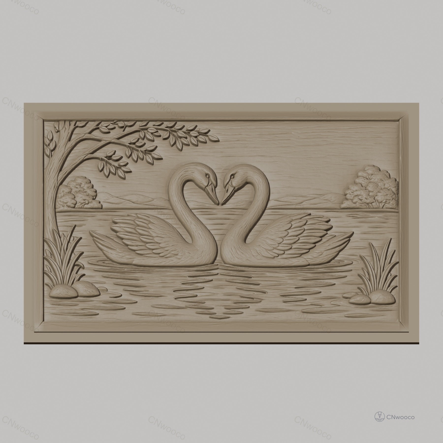Fichier CNC & impression 3D cygnes amoureux, lac, arbres et reflets, haute qualité relief STL