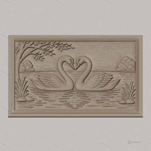 Fichier CNC & impression 3D cygnes amoureux, lac, arbres et reflets, haute qualité relief STL