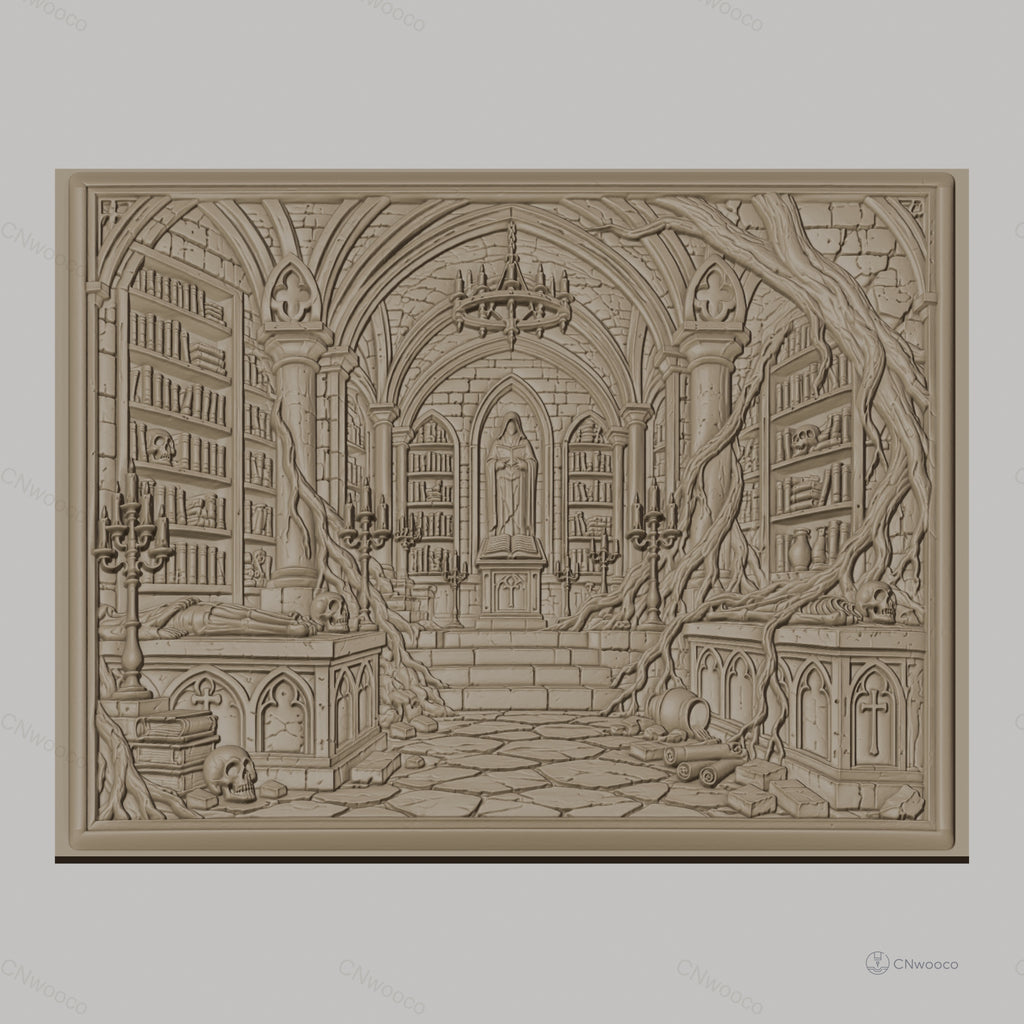 Fichier CNC & impression 3D bibliothèque gothique avec crânes, tombeaux et racines, haute qualité relief STL