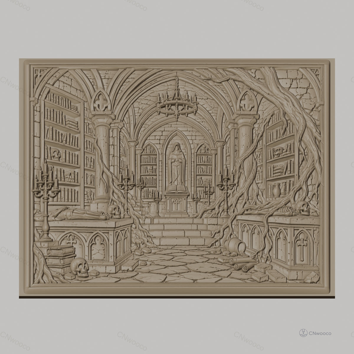 Fichier CNC & impression 3D bibliothèque gothique avec crânes, tombeaux et racines, haute qualité relief STL