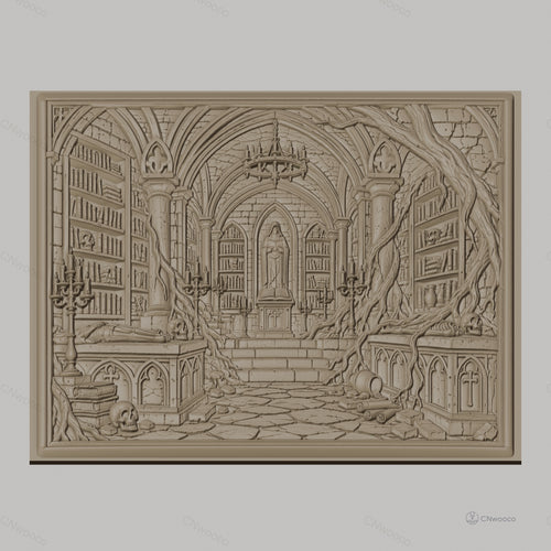 Fichier CNC & impression 3D bibliothèque gothique avec crânes, tombeaux et racines, haute qualité relief STL