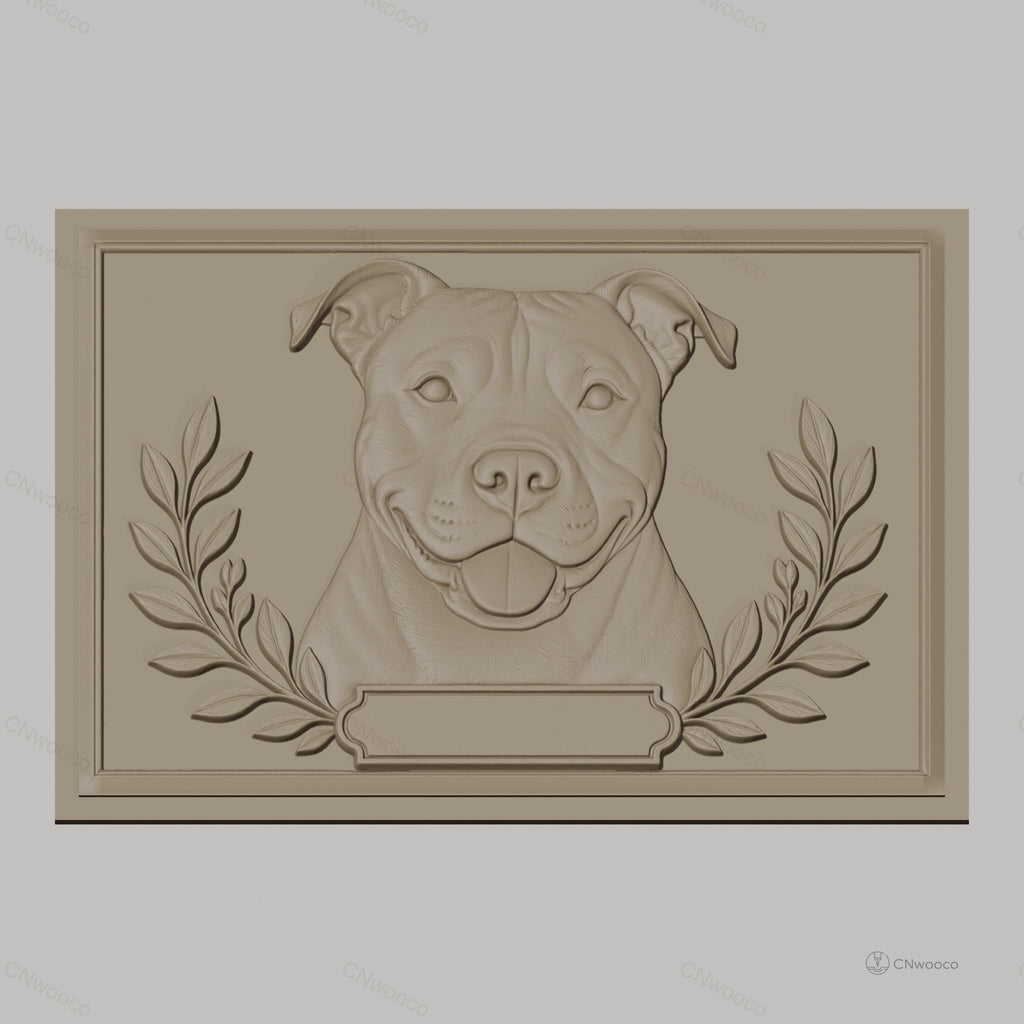 Fichier CNC & impression 3D portrait de chien American Staffordshire avec cadre et feuilles, haute qualité relief STL