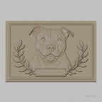 Fichier CNC & impression 3D portrait de chien American Staffordshire avec cadre et feuilles, haute qualité relief STL