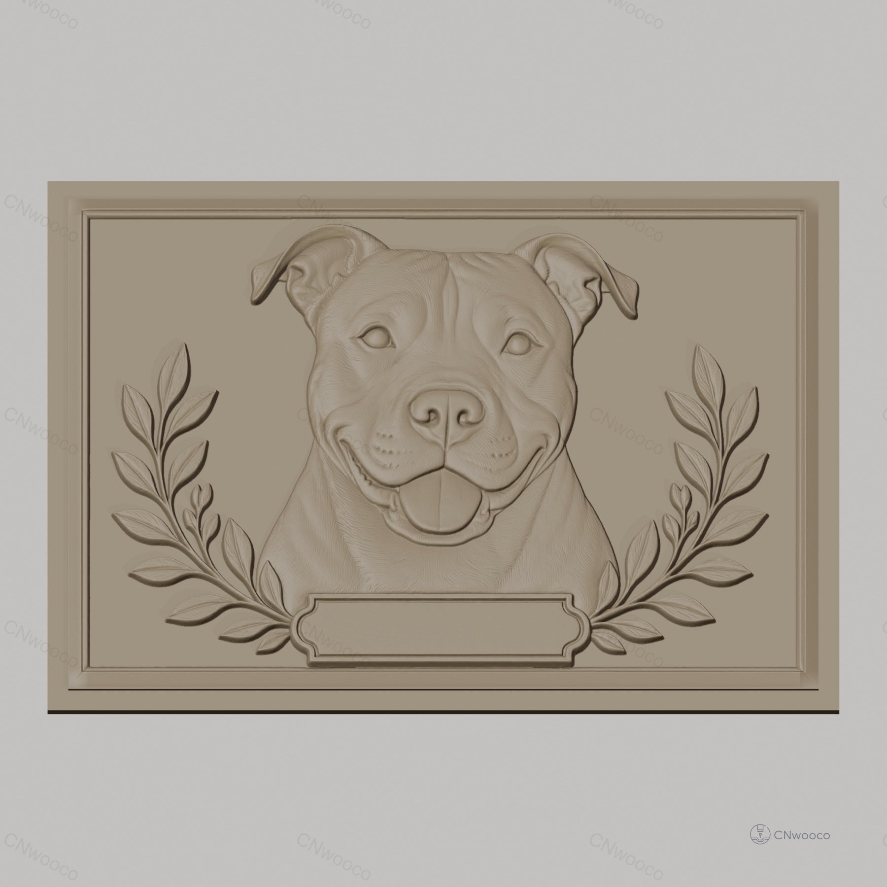 Fichier CNC & impression 3D portrait de chien American Staffordshire avec cadre et feuilles, haute qualité relief STL