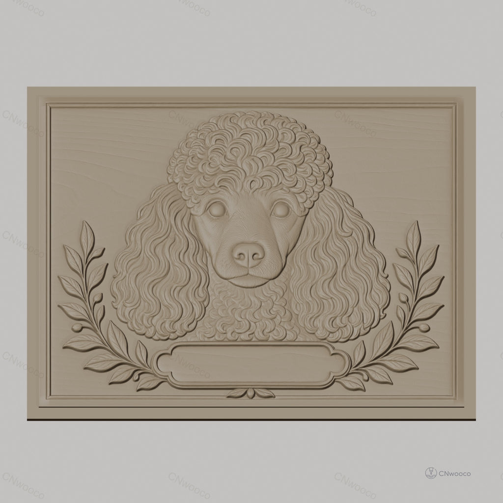 Fichier CNC & impression 3D chien caniche portrait, feuilles décoratives, haute qualité relief STL