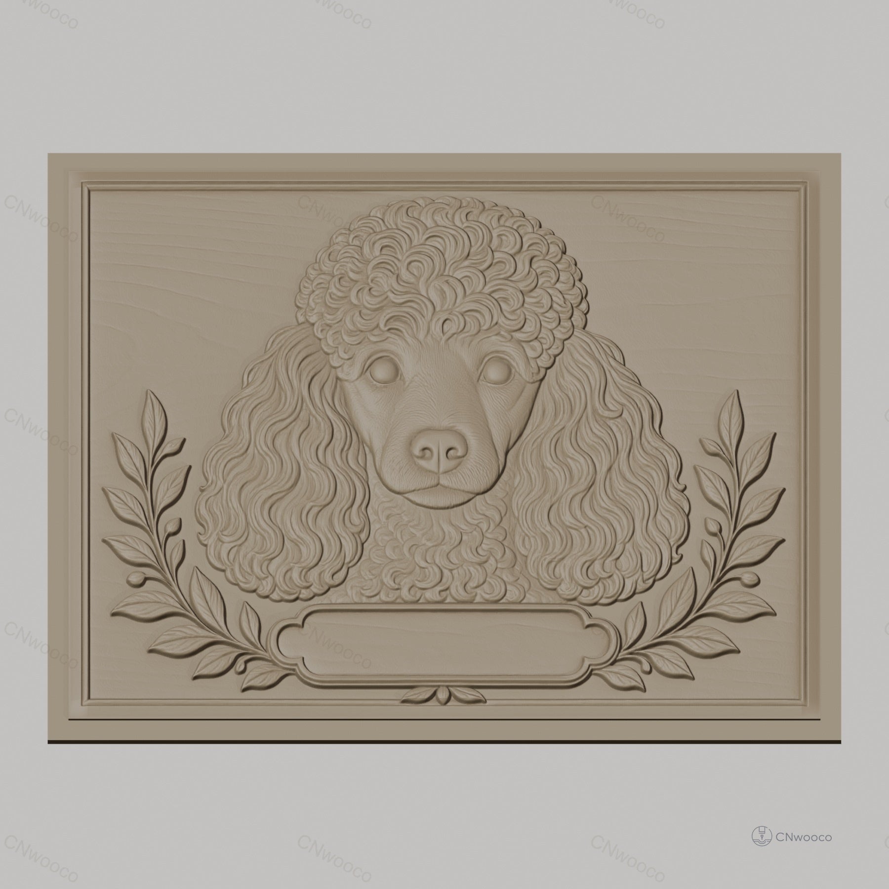 Fichier CNC & impression 3D chien caniche portrait, feuilles décoratives, haute qualité relief STL