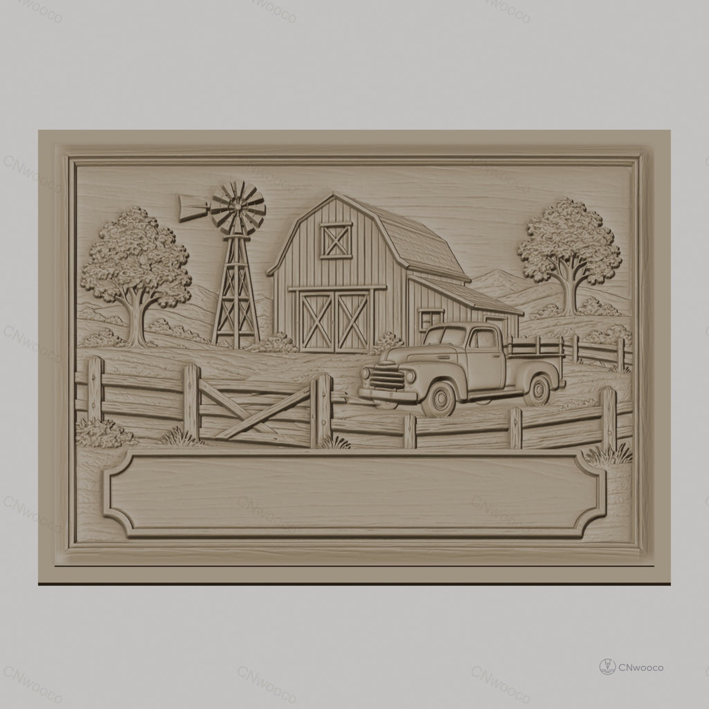 Fichier CNC & impression 3D paysage de ferme avec grange, vieux camion et moulin à vent, haute qualité relief STL