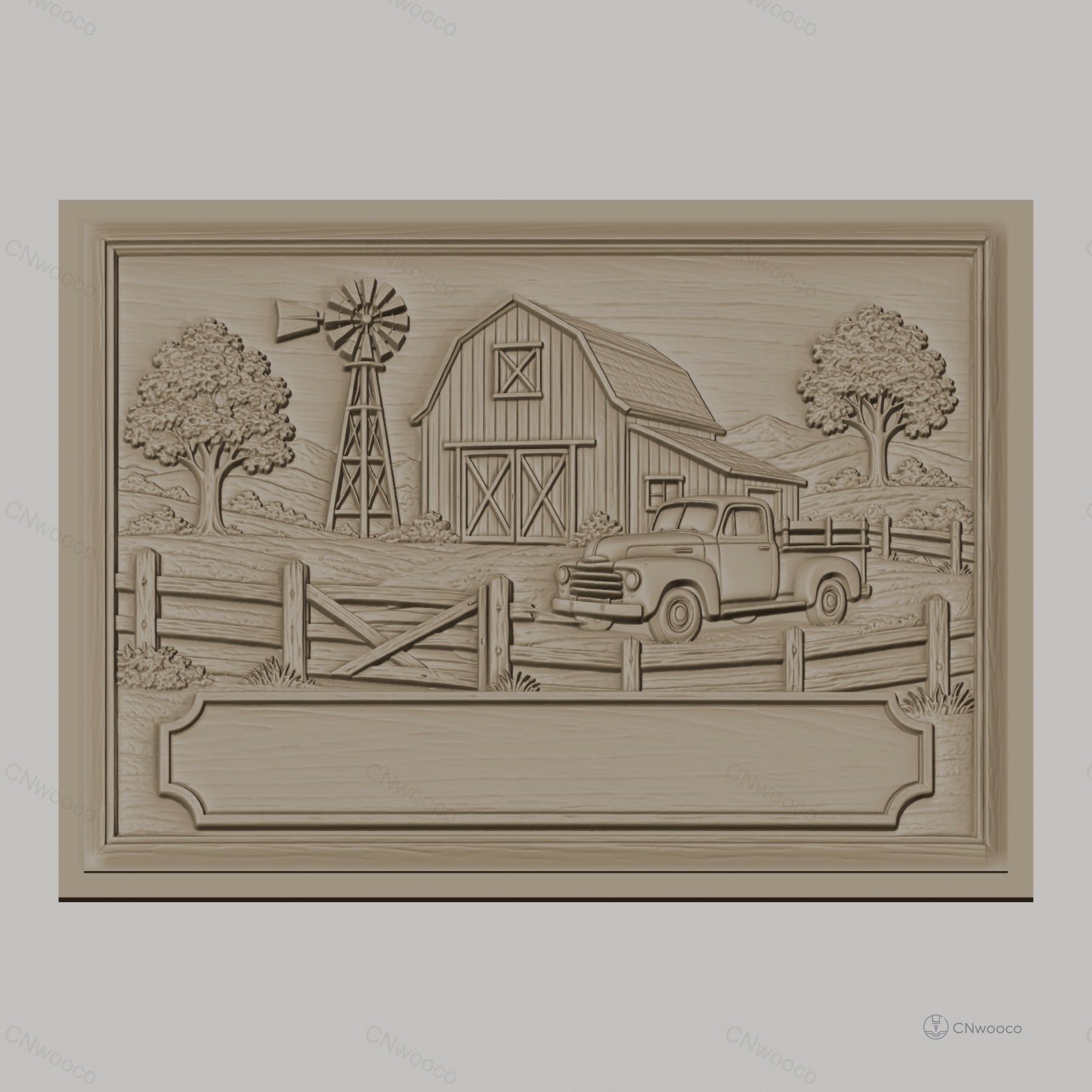 Fichier CNC & impression 3D paysage de ferme avec grange, vieux camion et moulin à vent, haute qualité relief STL